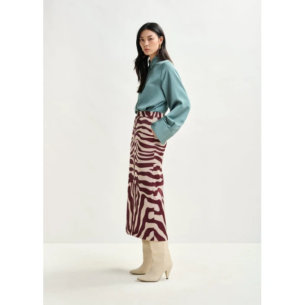 Essentiel Antwerp Burgundy and off-white maxi-length skirt with zebraprint - Essentiel Antwerp Skirts - Colorful Belgian Design - Shop at Luxury Shoes 
