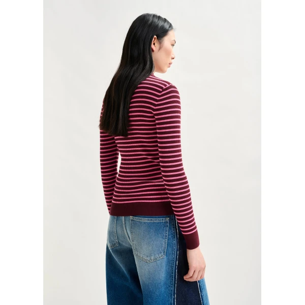Essentiel Antwerp Burgundy and pink striped sweater - Essentiel Antwerp Knitwear - Colorful Belgian Design - Shop at Luxury Shoes 