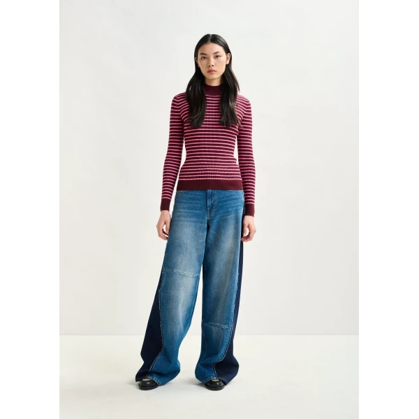 Essentiel Antwerp Burgundy and pink striped sweater - Essentiel Antwerp Knitwear - Colorful Belgian Design - Shop at Luxury Shoes 