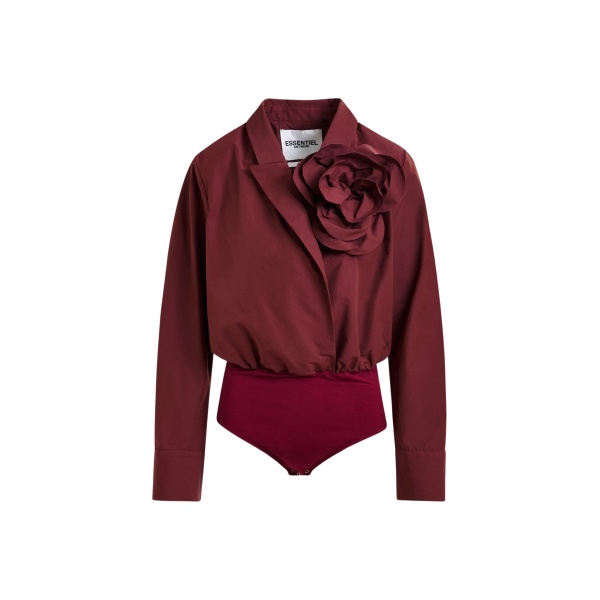 Essentiel Antwerp Burgundy bodysuit with self-fabric flower - Essentiel Antwerp Bodysuit - Colorful Belgian Design - Shop at Luxury Shoes 