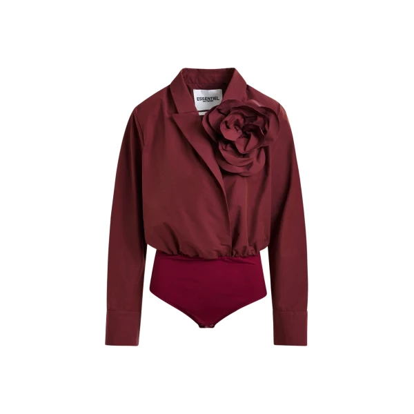 Essentiel Antwerp Burgundy bodysuit with self-fabric flower - Essentiel Antwerp Bodysuit - Colorful Belgian Design - Shop at Luxury Shoes 