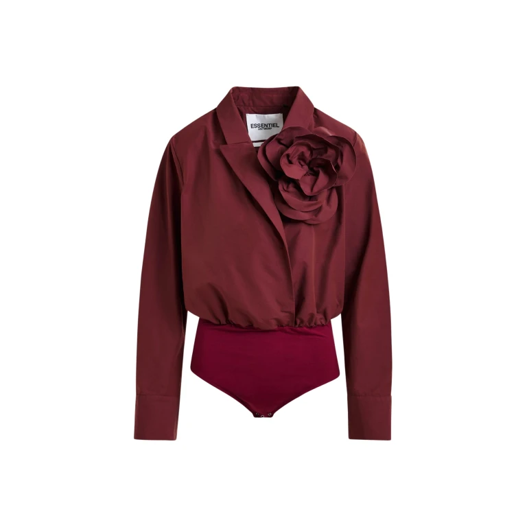 Essentiel Antwerp Burgundy bodysuit with self-fabric flower - Essentiel Antwerp Bodysuit - Colorful Belgian Design - Shop at Luxury Shoes 