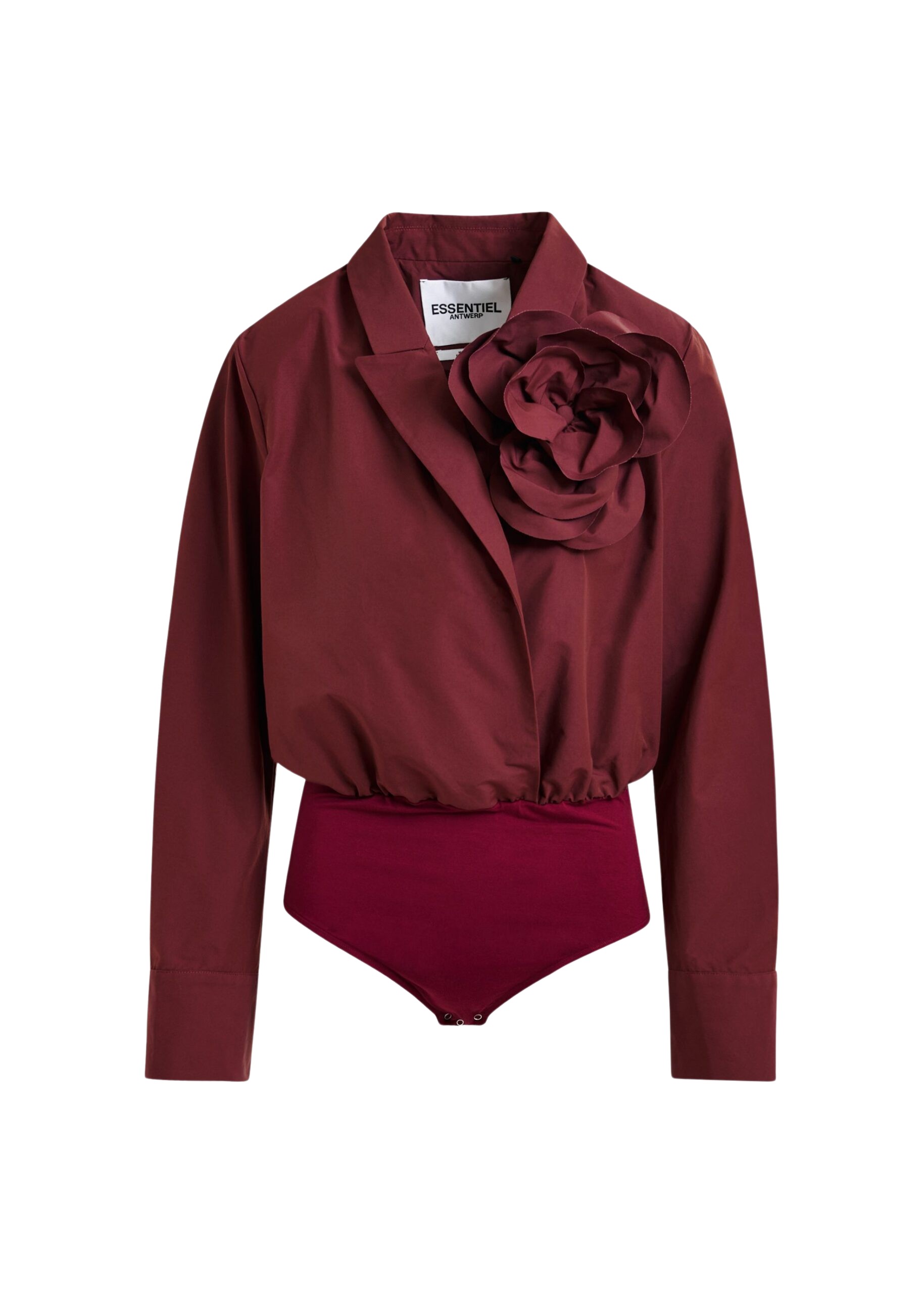 Essentiel Antwerp Burgundy bodysuit with self-fabric flower