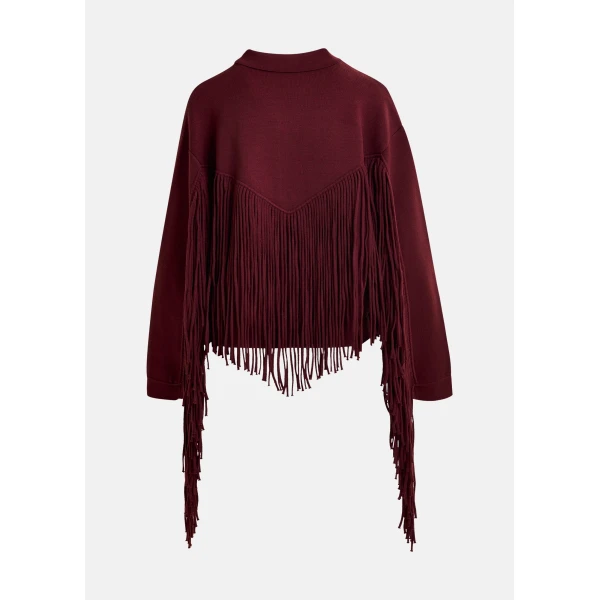 Essentiel Antwerp Burgundy cropped knitted jacket with fringe details - Essentiel Antwerp Jackets - Colorful Belgian Design - Shop at Luxury Shoes 