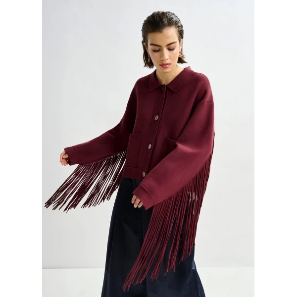 Essentiel Antwerp Burgundy cropped knitted jacket with fringe details - Essentiel Antwerp Jackets - Colorful Belgian Design - Shop at Luxury Shoes 