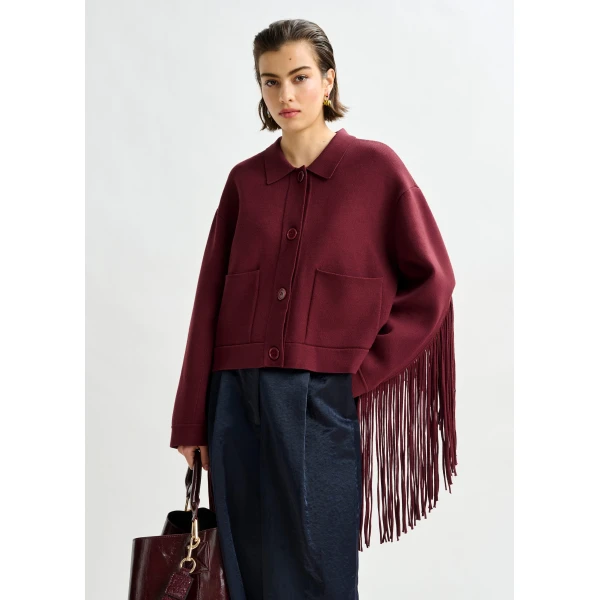 Essentiel Antwerp Burgundy cropped knitted jacket with fringe details - Essentiel Antwerp Jackets - Colorful Belgian Design - Shop at Luxury Shoes 