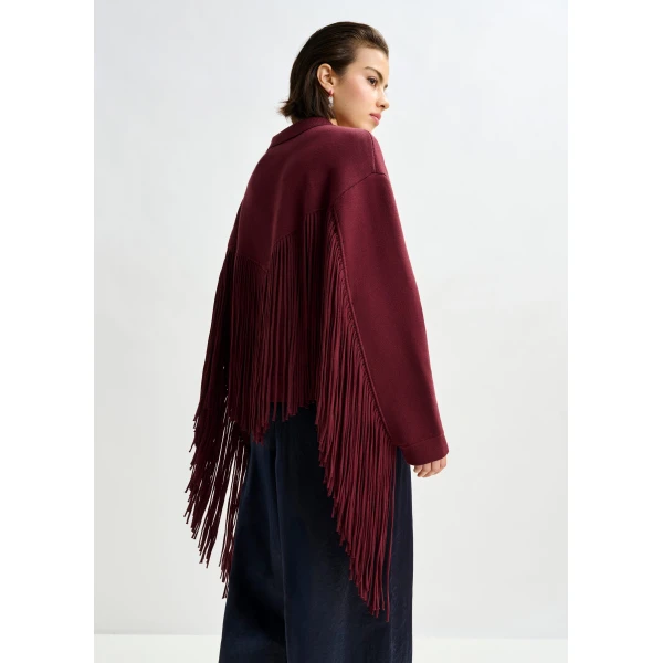 Essentiel Antwerp Burgundy cropped knitted jacket with fringe details - Essentiel Antwerp Jackets - Colorful Belgian Design - Shop at Luxury Shoes 