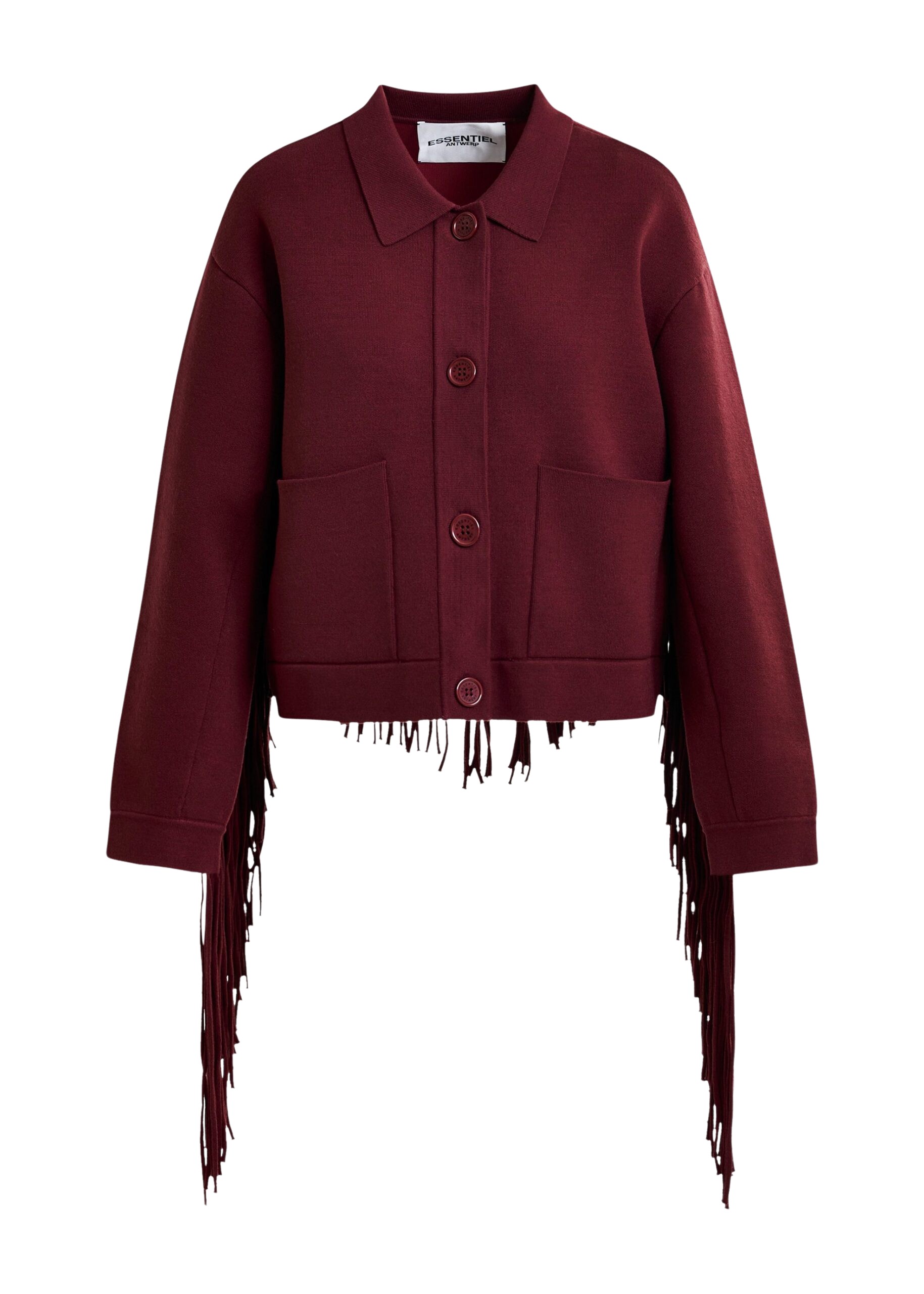 Essentiel Antwerp Burgundy cropped knitted jacket with fringe details - Essentiel Antwerp Jackets - Colorful Belgian Design - Shop at Luxury Shoes 