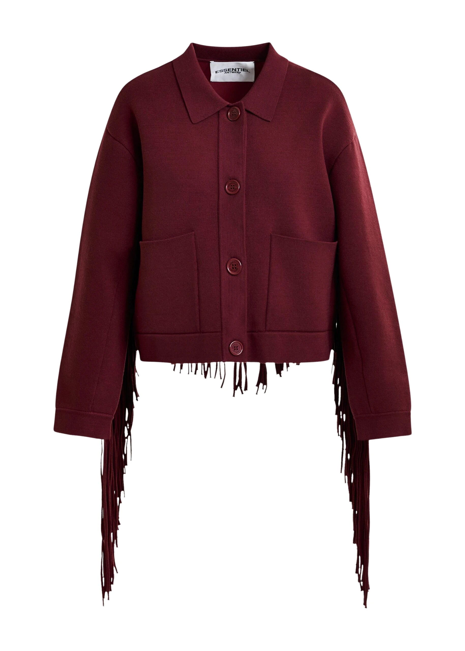 Burgundy-cropped-knitted-jacket-with-fringe-details-Essentiel-Antwerp-Jackets-scaled61907_nobg Essentiel Antwerp Burgundy cropped knitted jacket with fringe details - Essentiel Antwerp Jackets - Colorful Belgian Design - Shop at Luxury Shoes