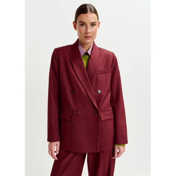 Essentiel Antwerp Burgundy double-breasted blazer - Essentiel Antwerp Jackets - Colorful Belgian Design - Shop at Luxury Shoes 