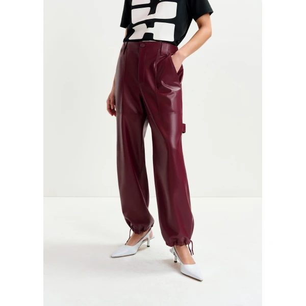 Essentiel Antwerp Burgundy faux leather tapered cargo pants - Essentiel Antwerp Pants - Colorful Belgian Design - Shop at Luxury Shoes 