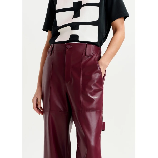Essentiel Antwerp Burgundy faux leather tapered cargo pants - Essentiel Antwerp Pants - Colorful Belgian Design - Shop at Luxury Shoes 