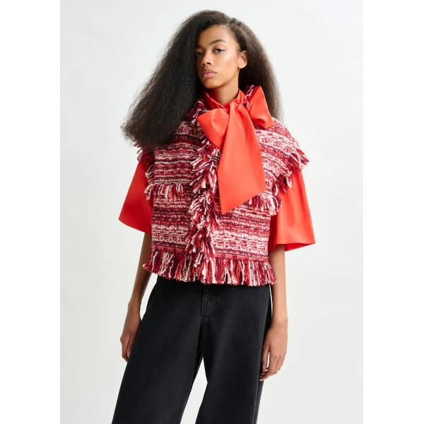red and white cropped sleeveless fringed wool-blend bouclé jacket - Essentiel Antwerp Jackets - Colorful Belgian Design - Shop at Luxury Shoes 