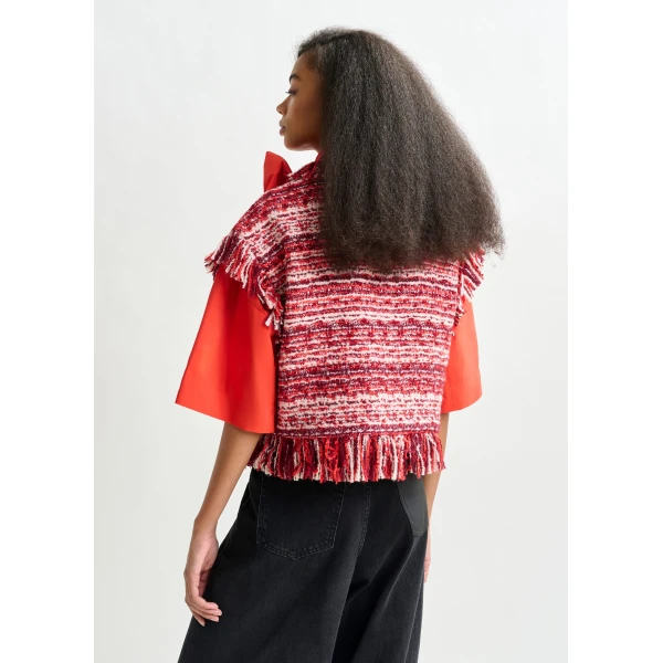 red and white cropped sleeveless fringed wool-blend bouclé jacket - Essentiel Antwerp Jackets - Colorful Belgian Design - Shop at Luxury Shoes 