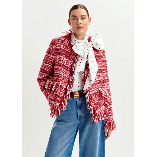 red and white fringed wool-blend bouclé jacket - Essentiel Antwerp Jackets - Colorful Belgian Design - Shop at Luxury Shoes 