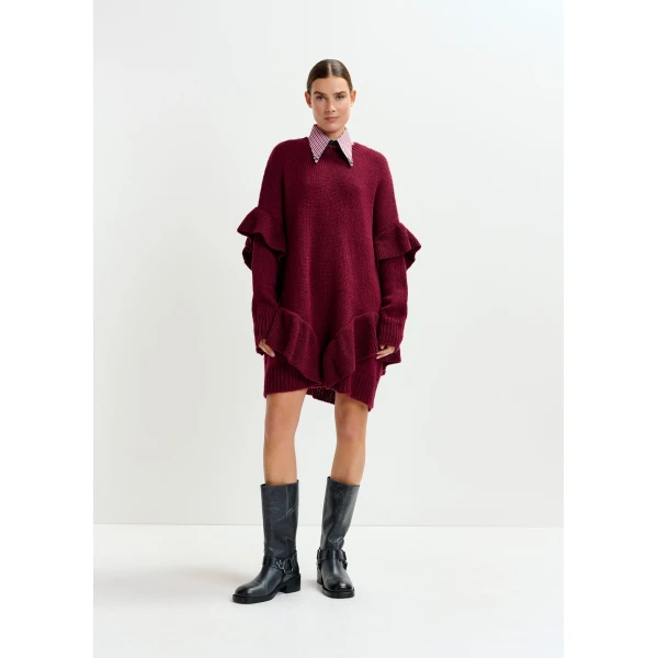 Essentiel Antwerp Burgundy ruffled wool-blend knit mini dress - Essentiel Antwerp Dresses - Colorful Belgian Design - Shop at Luxury Shoes 