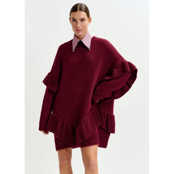 Essentiel Antwerp Burgundy ruffled wool-blend knit mini dress - Essentiel Antwerp Dresses - Colorful Belgian Design - Shop at Luxury Shoes 