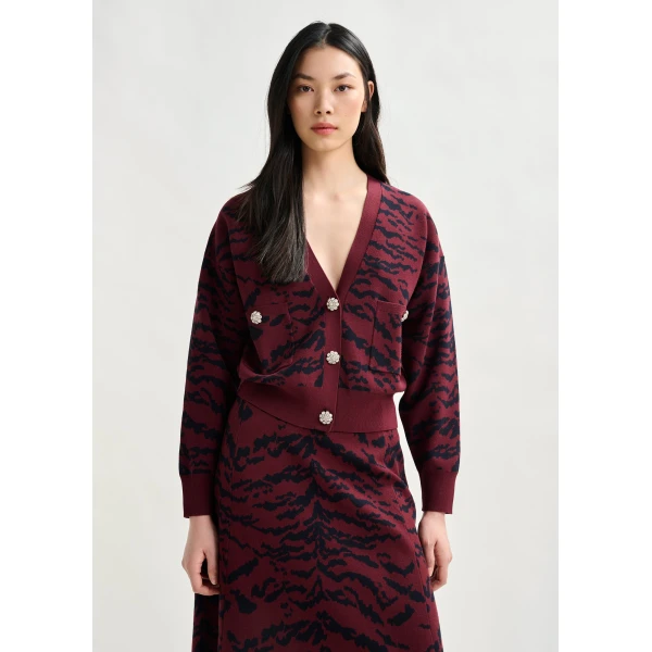 Essentiel Antwerp Burgundy tiger-print cardigan with rhinestone encrushed buttons - Essentiel Antwerp Knitwear - Colorful Belgian Design - Shop at Luxury Shoes 