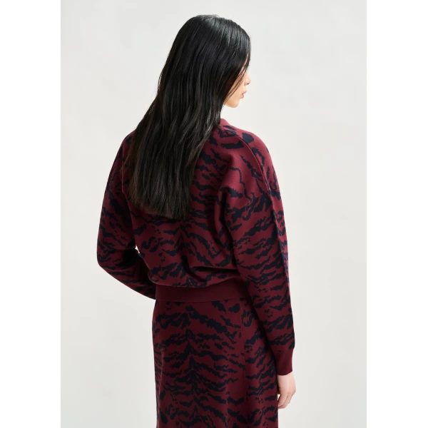 Essentiel Antwerp Burgundy tiger-print cardigan with rhinestone encrushed buttons - Essentiel Antwerp Knitwear - Colorful Belgian Design - Shop at Luxury Shoes 
