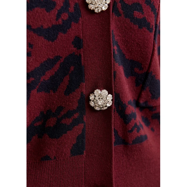 Essentiel Antwerp Burgundy tiger-print cardigan with rhinestone encrushed buttons - Essentiel Antwerp Knitwear - Colorful Belgian Design - Shop at Luxury Shoes 