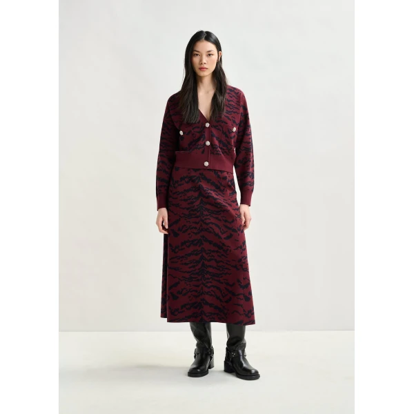Essentiel Antwerp Burgundy tiger-print cardigan with rhinestone encrushed buttons - Essentiel Antwerp Knitwear - Colorful Belgian Design - Shop at Luxury Shoes 