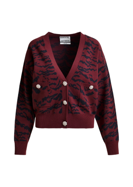 Essentiel Antwerp Burgundy tiger-print cardigan with rhinestone encrushed buttons - Essentiel Antwerp Knitwear - Colorful Belgian Design - Shop at Luxury Shoes 