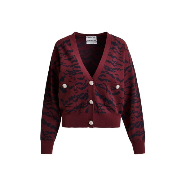 Essentiel Antwerp Burgundy tiger-print cardigan with rhinestone encrushed buttons - Essentiel Antwerp Knitwear - Colorful Belgian Design - Shop at Luxury Shoes 