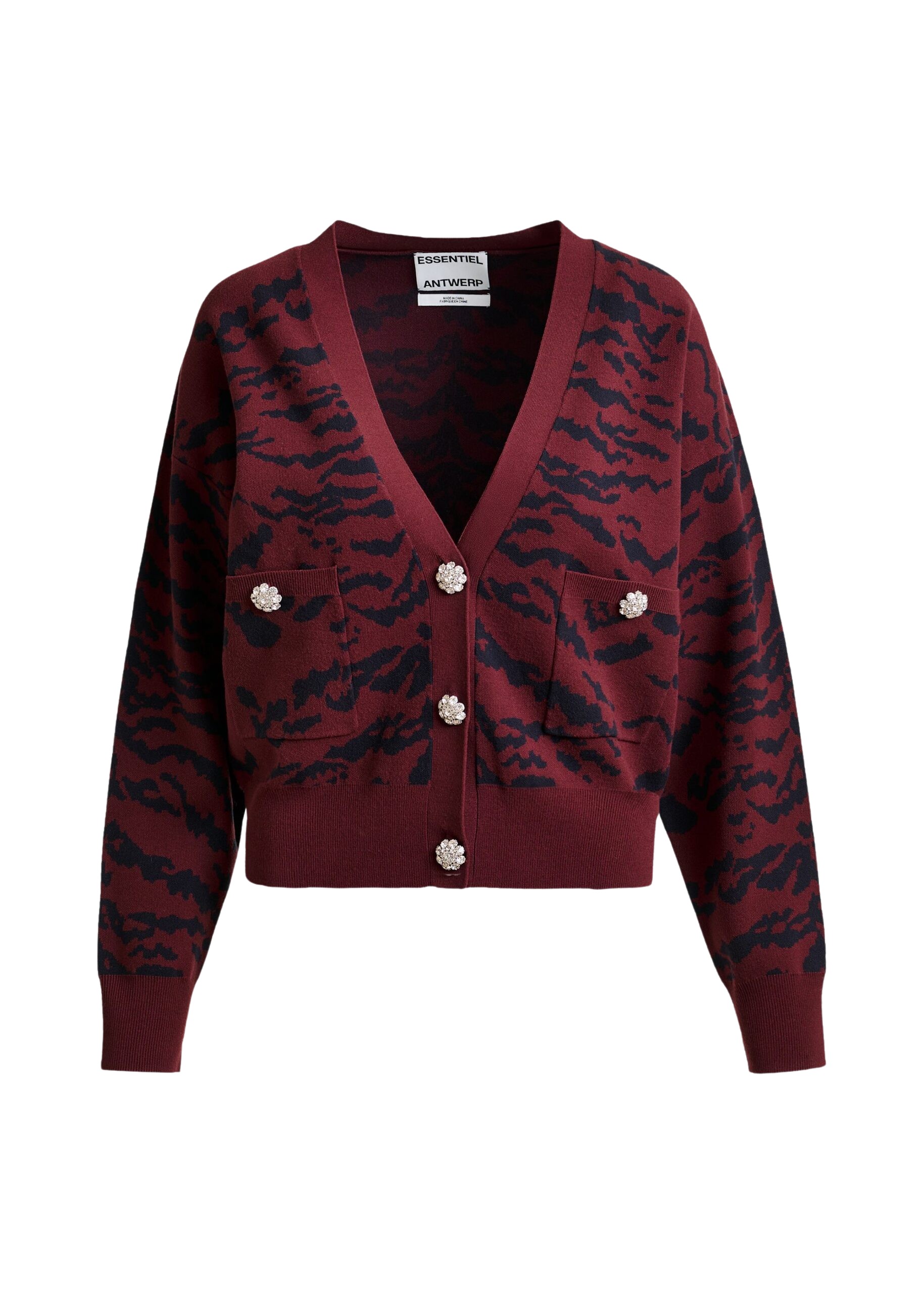 Essentiel Antwerp Burgundy tiger-print cardigan with rhinestone encrushed buttons