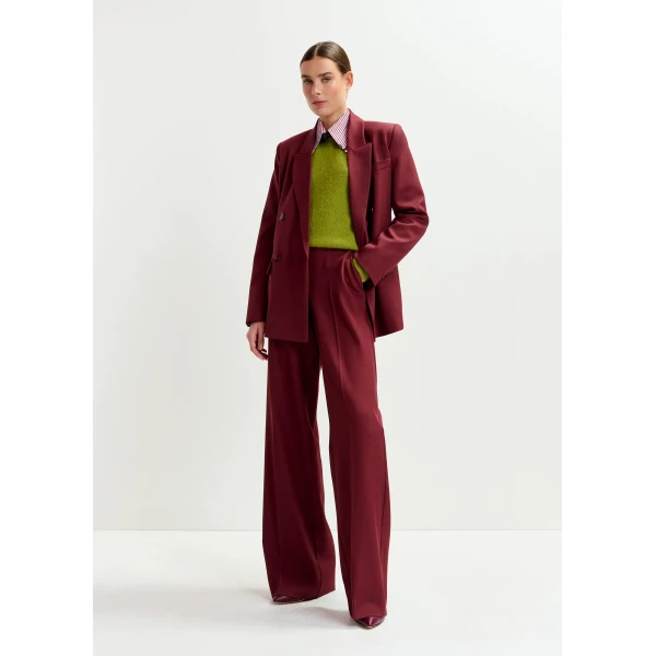 Essentiel Antwerp Burgundy wide-leg pants with pressed crease - Essentiel Antwerp Pants - Colorful Belgian Design - Shop at Luxury Shoes 