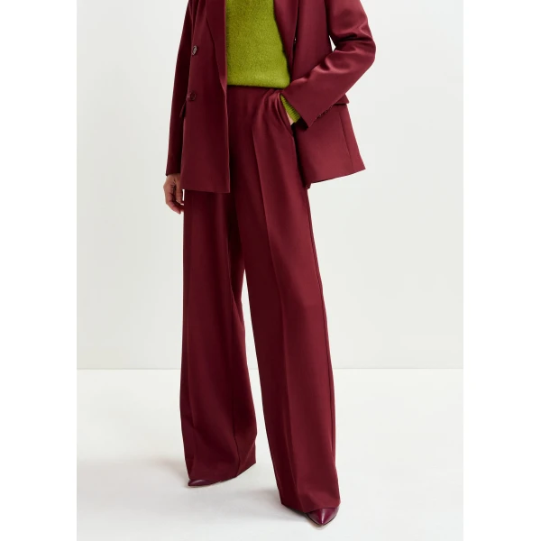 Essentiel Antwerp Burgundy wide-leg pants with pressed crease - Essentiel Antwerp Pants - Colorful Belgian Design - Shop at Luxury Shoes 