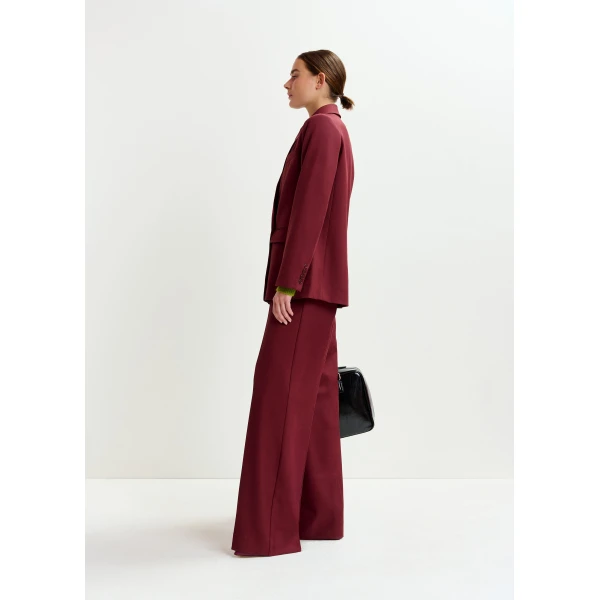 Essentiel Antwerp Burgundy wide-leg pants with pressed crease - Essentiel Antwerp Pants - Colorful Belgian Design - Shop at Luxury Shoes 