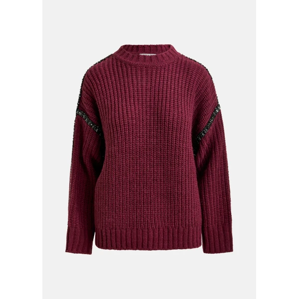 Essentiel Antwerp Burgundy wool-blend turtleneck with detachable collar and rhinestone embellishments - Essentiel Antwerp Knitwear - Colorful Belgian Design - Shop at Luxury Shoes 