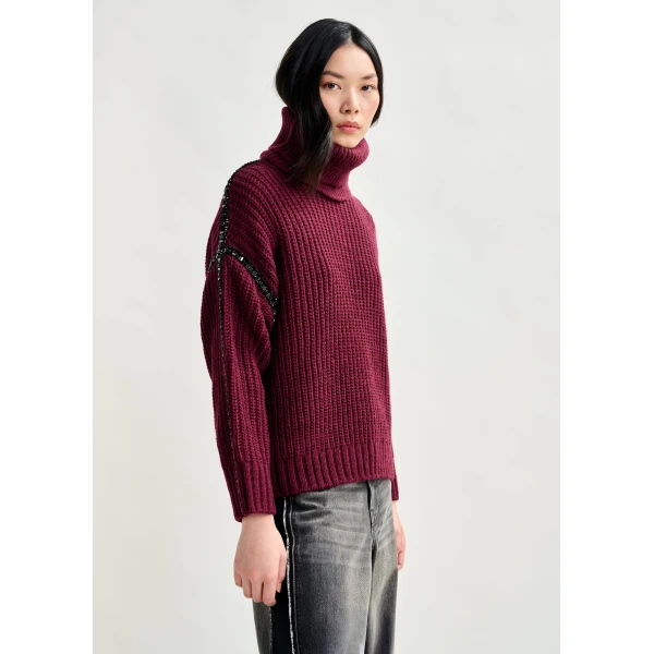 Essentiel Antwerp Burgundy wool-blend turtleneck with detachable collar and rhinestone embellishments - Essentiel Antwerp Knitwear - Colorful Belgian Design - Shop at Luxury Shoes 