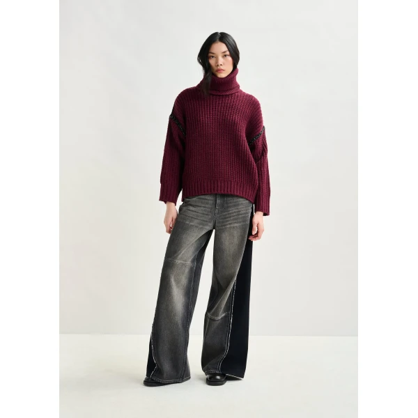 Essentiel Antwerp Burgundy wool-blend turtleneck with detachable collar and rhinestone embellishments - Essentiel Antwerp Knitwear - Colorful Belgian Design - Shop at Luxury Shoes 