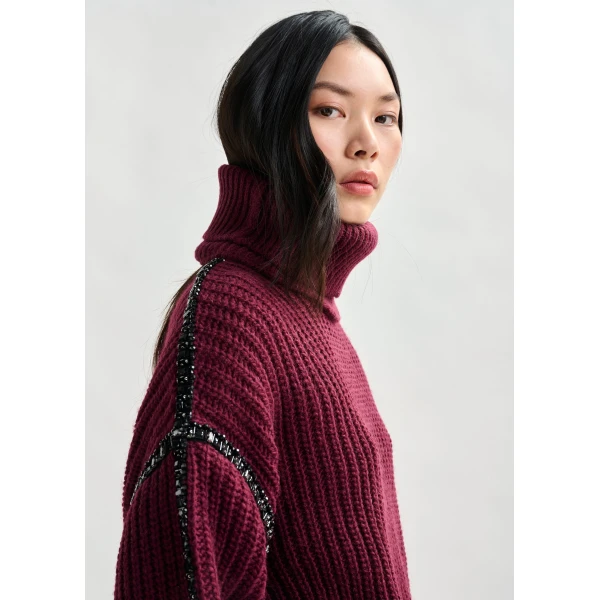 Essentiel Antwerp Burgundy wool-blend turtleneck with detachable collar and rhinestone embellishments - Essentiel Antwerp Knitwear - Colorful Belgian Design - Shop at Luxury Shoes 