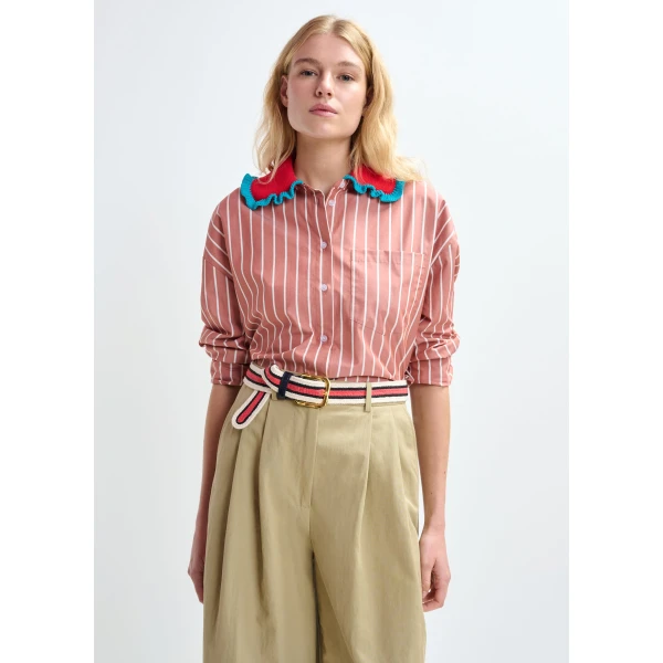 Essentiel Antwerp Burned orange and off-white striped cotton shirt with crochet ruffled collar - Essentiel Antwerp Shirts - Colorful Belgian Design - Shop at Luxury Shoes 