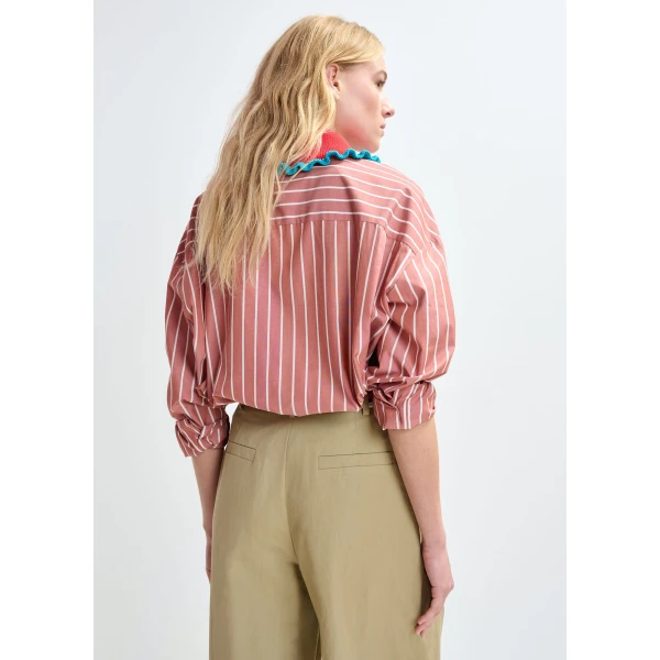 Essentiel Antwerp Burned orange and off-white striped cotton shirt with crochet ruffled collar - Essentiel Antwerp Shirts - Colorful Belgian Design - Shop at Luxury Shoes 