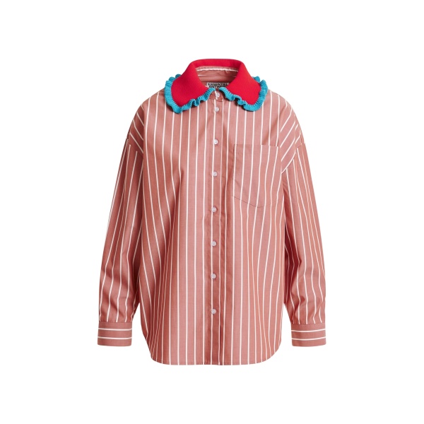 Essentiel Antwerp Burned orange and off-white striped cotton shirt with crochet ruffled collar - Essentiel Antwerp Shirts - Colorful Belgian Design - Shop at Luxury Shoes 
