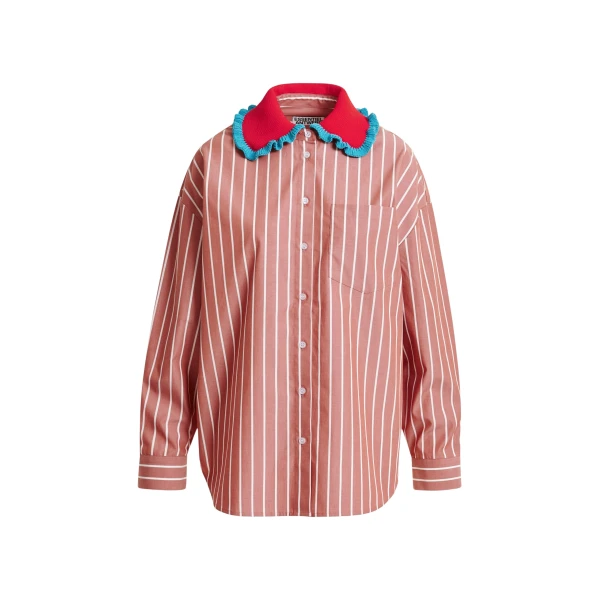 Essentiel Antwerp Burned orange and off-white striped cotton shirt with crochet ruffled collar - Essentiel Antwerp Shirts - Colorful Belgian Design - Shop at Luxury Shoes 