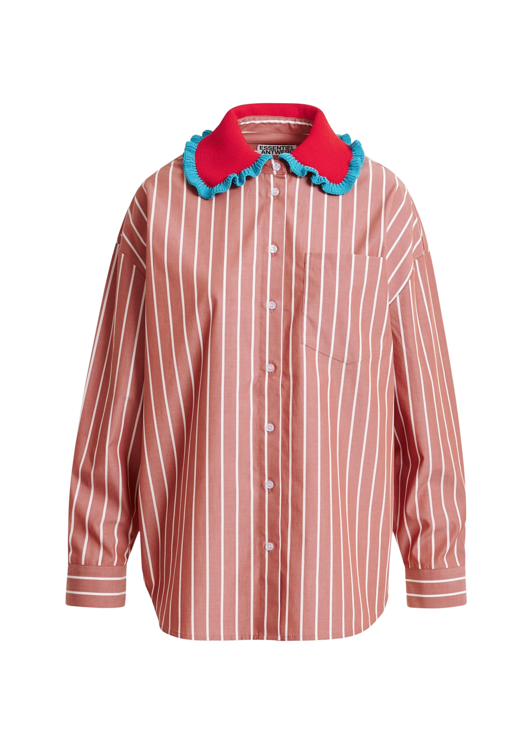 Essentiel Antwerp Burned orange and off-white striped cotton shirt with crochet ruffled collar