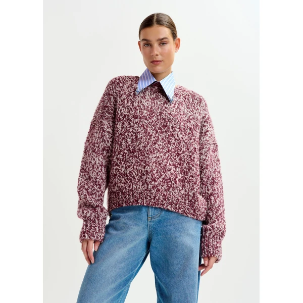 Essentiel Antwerp Burugndy and off-white melange wool-blend sweater - Essentiel Antwerp Knitwear - Colorful Belgian Design - Shop at Luxury Shoes 