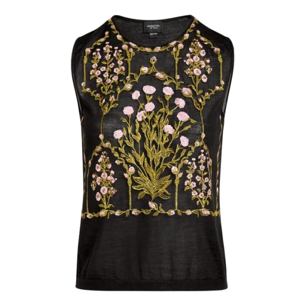 Giambattista Valli Cashmere And Silk Embroidered Treillage Black Tank Top - Giambattista Valli Tops - Romantic Couture - Shop at Luxury Shoes 