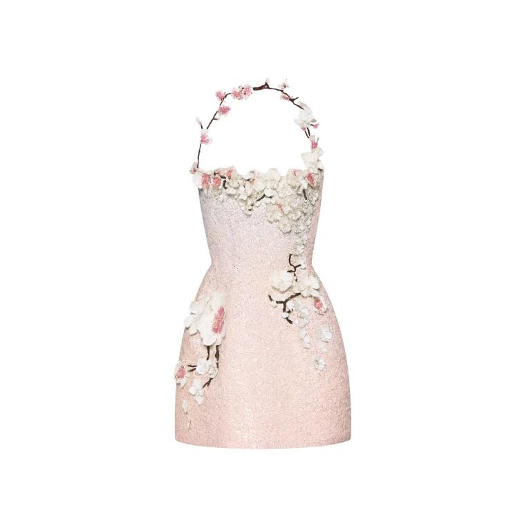Oscar de la Renta Cherry Blossom Sequin Cocktail Dress - Oscar de la Renta Dresses - American Couture - Shop at Luxury Shoes 