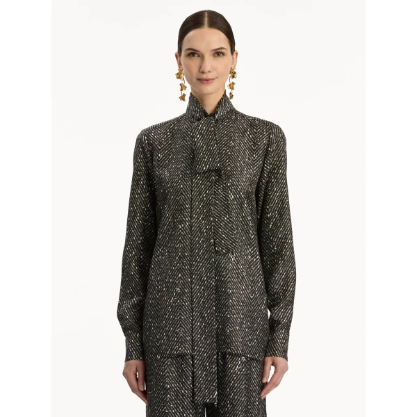 Oscar de la Renta Chevron Tie-Neck Silk Twill Blouse - Oscar de la Renta Tops - American Couture - Shop at Luxury Shoes 
