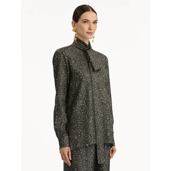 Oscar de la Renta Chevron Tie-Neck Silk Twill Blouse - Oscar de la Renta Tops - American Couture - Shop at Luxury Shoes 