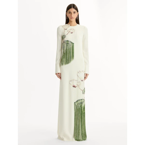 Oscar de la Renta Chiné Cyclamen Threadwork Fringe Caftan - Oscar de la Renta Dresses - American Couture - Shop at Luxury Shoes 