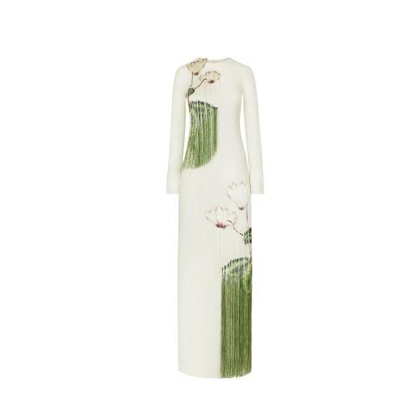 Oscar de la Renta Chiné Cyclamen Threadwork Fringe Caftan - Oscar de la Renta Dresses - American Couture - Shop at Luxury Shoes 
