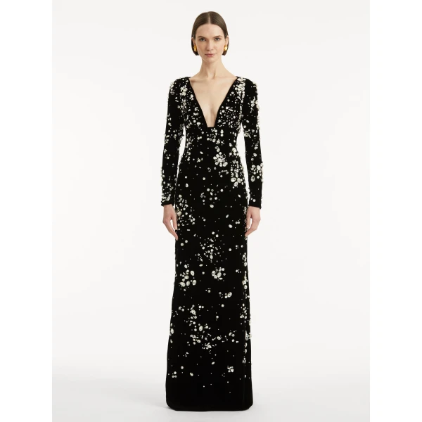 Oscar de la Renta Crystal Cluster Embroidered Long Sleeve Gown - Oscar de la Renta Dresses - American Couture - Shop at Luxury Shoes 