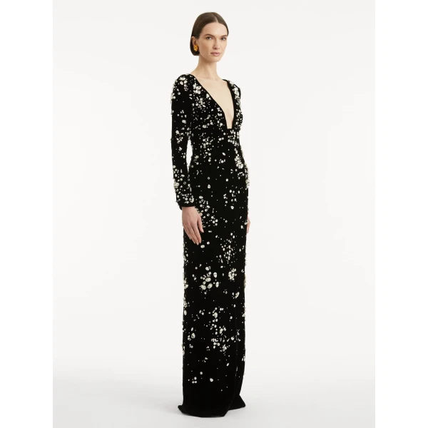 Oscar de la Renta Crystal Cluster Embroidered Long Sleeve Gown - Oscar de la Renta Dresses - American Couture - Shop at Luxury Shoes 