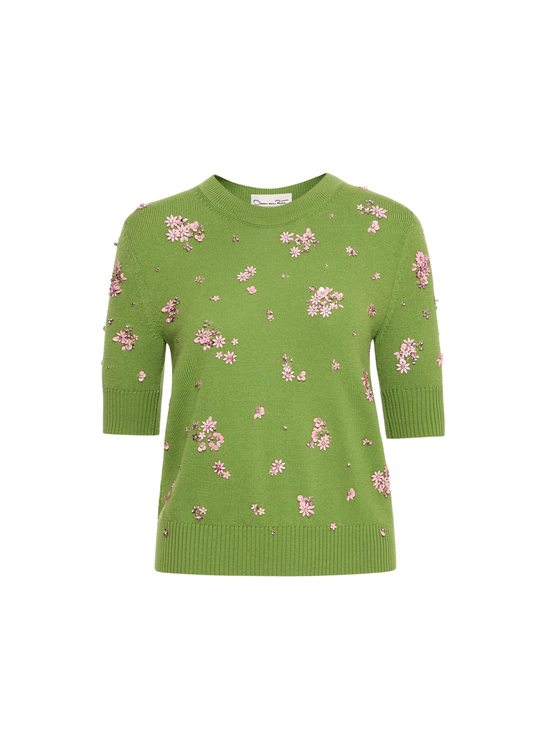 Oscar de la Renta Crystal Cluster Embroidered Pullover Knit